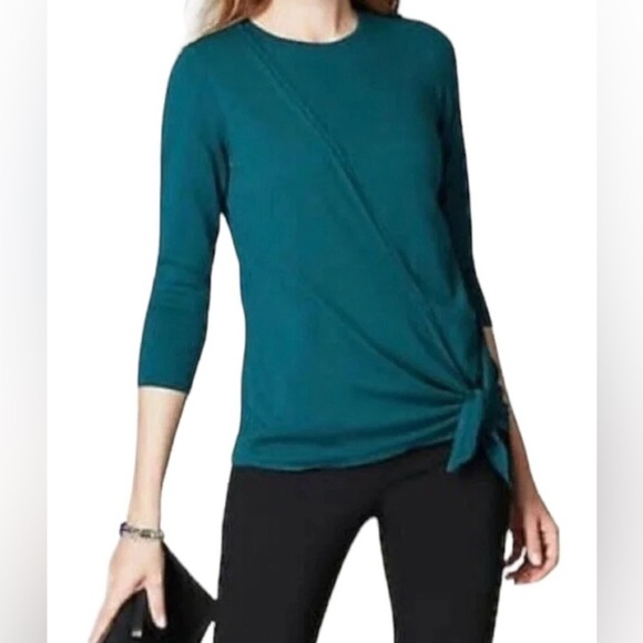 J. Jill Sweater Top XL Teal Cotton Blend Knit 3/4 Sleeve Round Neck Knot Tie - Picture 1 of 9